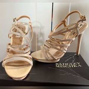 Badgley Mischka Tan Gold Shimmery Stiletto Heels with Strappy Design in box 8.5